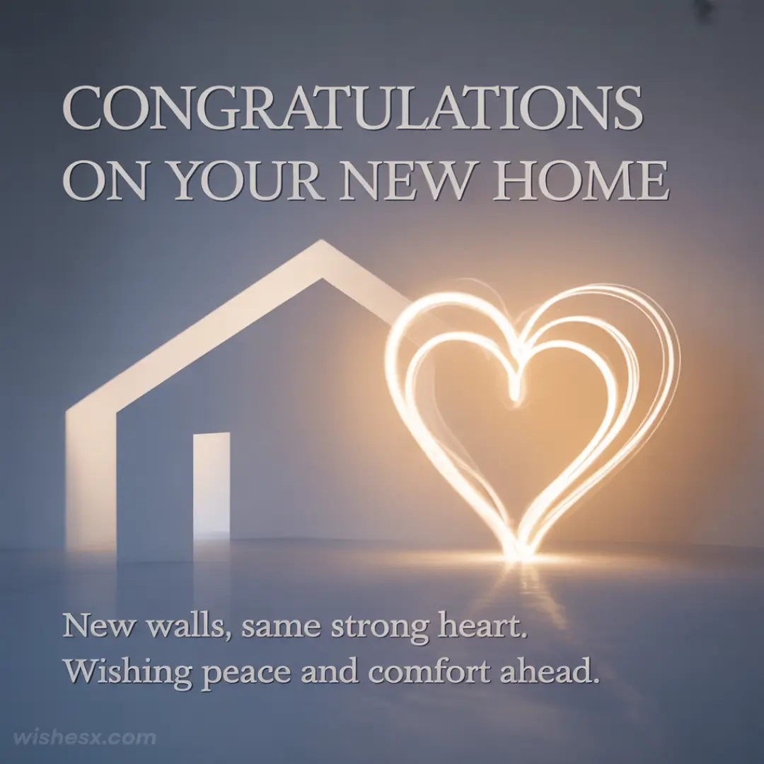 Congratulations card for new home. Illuminated outline of a house and heart against a soft blue background. Message wishes peace and comfort.