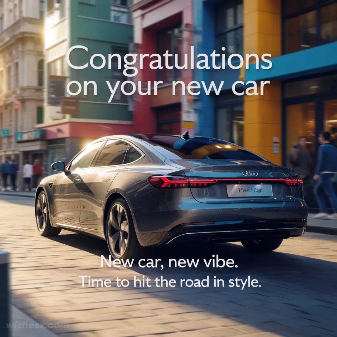 A sleek gray Audi car drives through a vibrant city street, surrounded by colorful buildings. Text reads: "Congratulations on your new car. New car, new vibe. Time to hit the road in style."