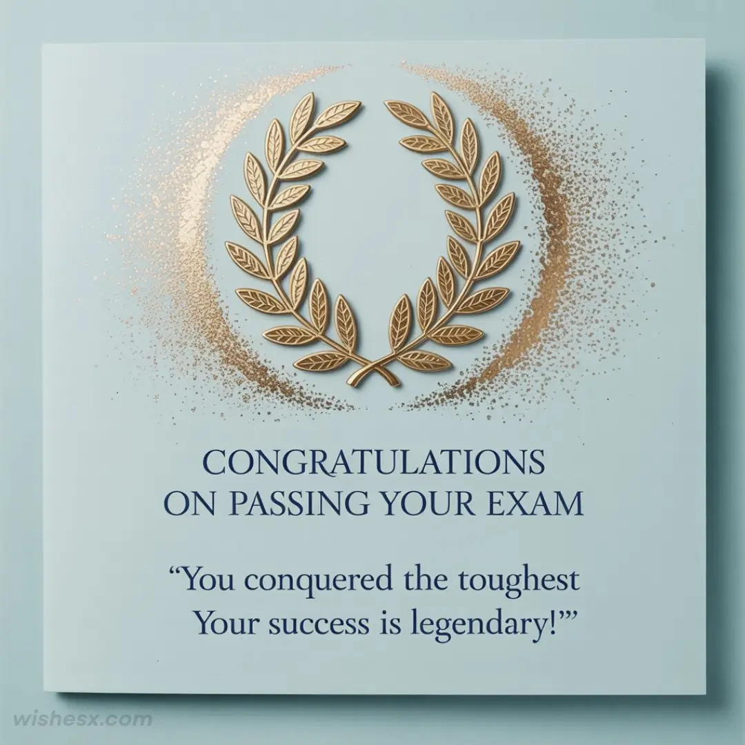 A card on a blue background features a golden laurel wreath surrounded by sparkles. Text reads: "Congratulations on passing your exam. Your success is legendary!"