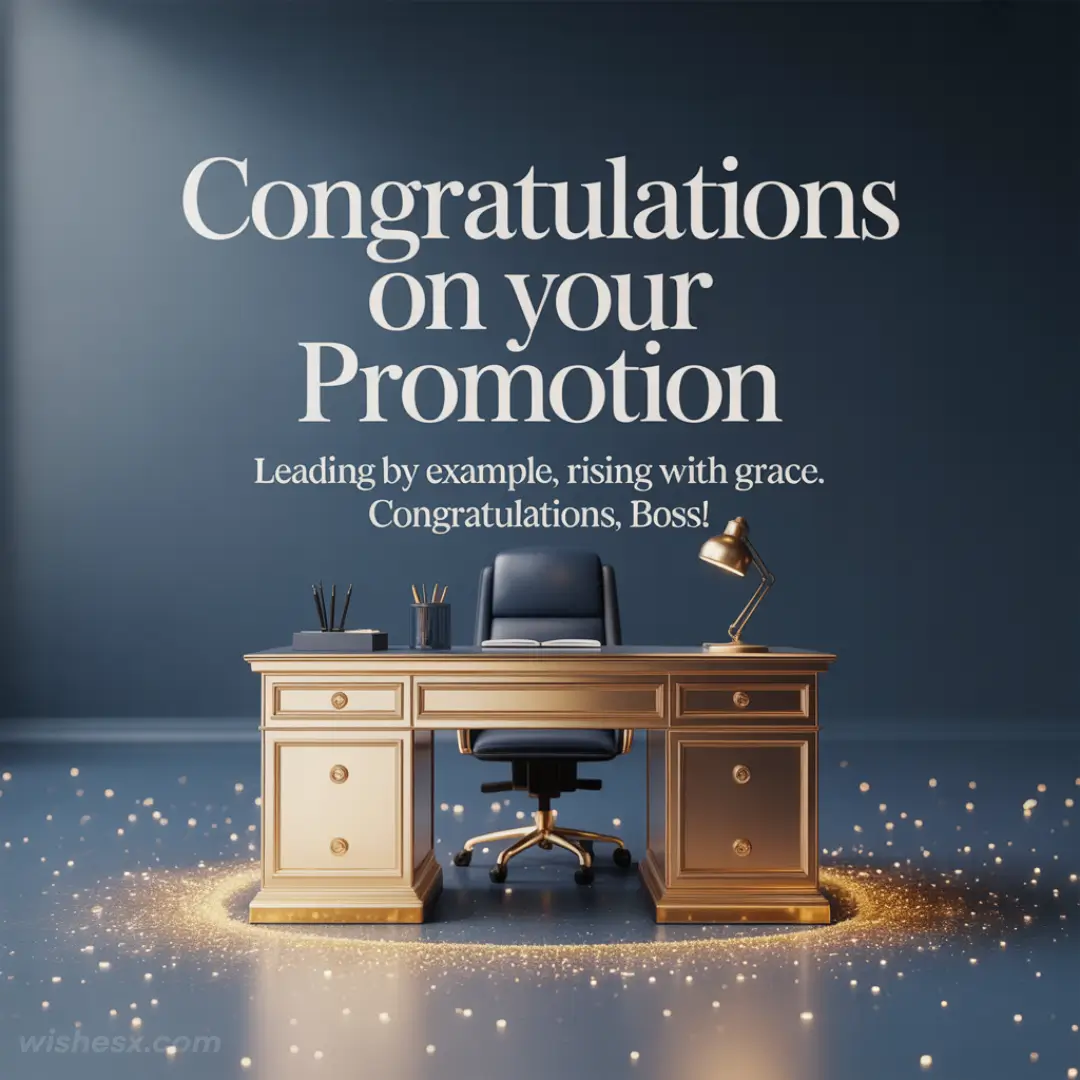 Luxurious gold desk and leather chair on dark blue background with congratulatory message. Sparkling gold accents add an elegant, celebratory tone.