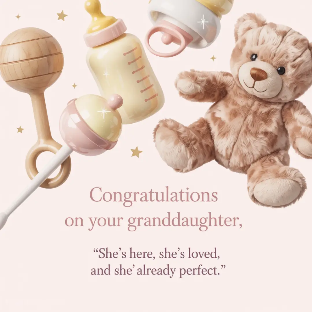 Cute beige teddy bear, baby bottle, and rattles against a soft pink background. Text reads, "Congratulations on your granddaughter." Calm and joyful tone.