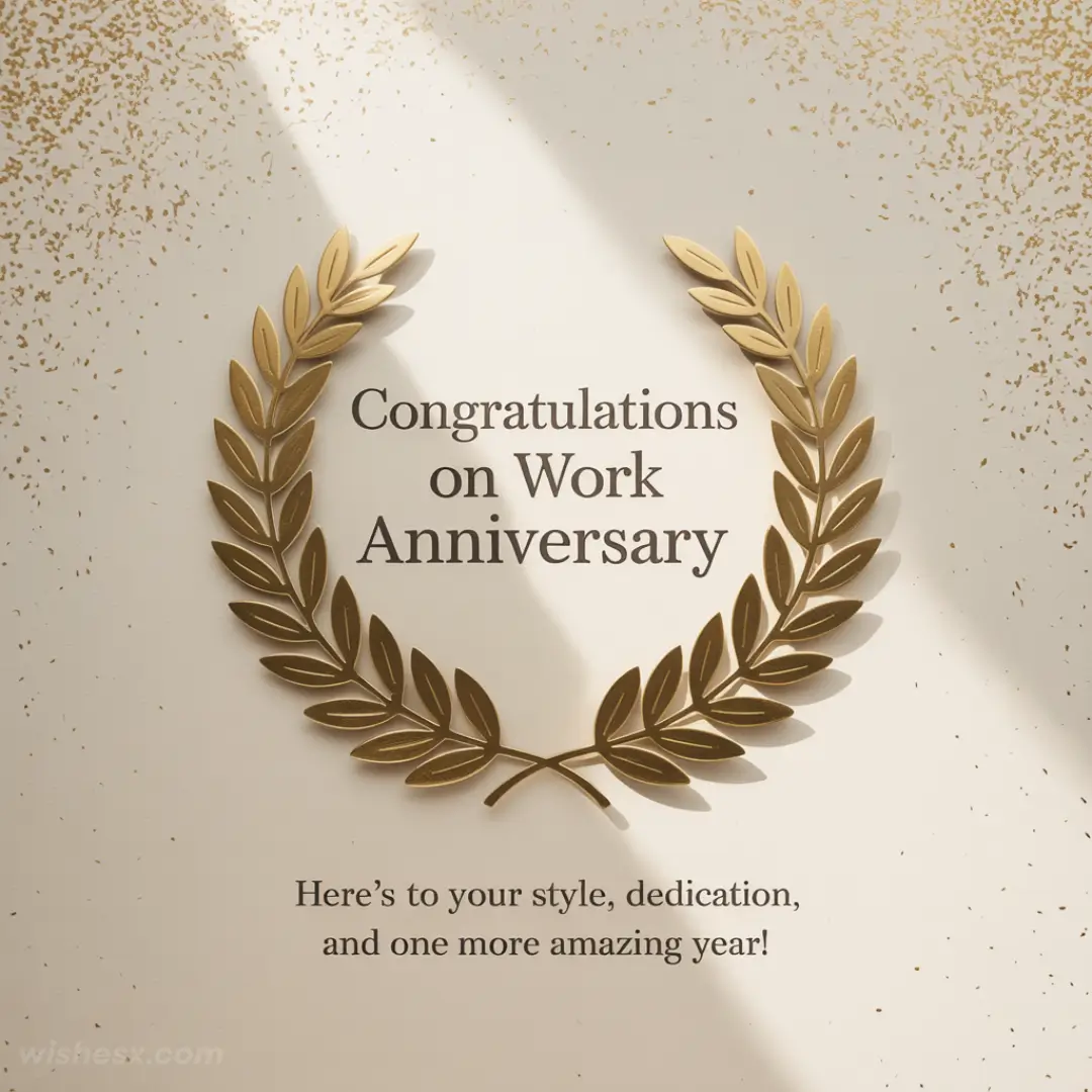 Golden laurel wreath framing text: "Congratulations on Work Anniversary." Speckled background; celebratory, warm tone. Text below praises dedication.