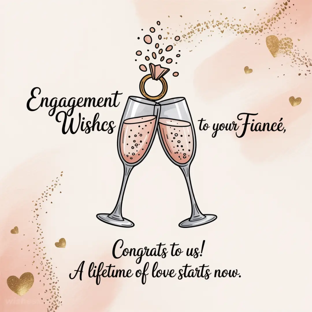 Two champagne glasses clink under a diamond ring, surrounded by gold hearts and splashes on a pink backdrop. Text says "Engagement Wishes to your Fiancé."