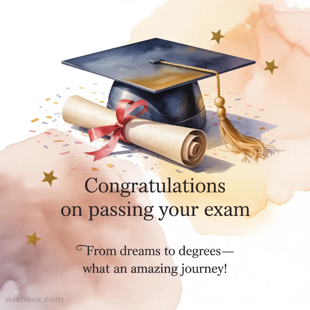 Graduation cap and diploma with a red ribbon on watercolor background. Confetti and stars highlight the congratulatory message on exam success.