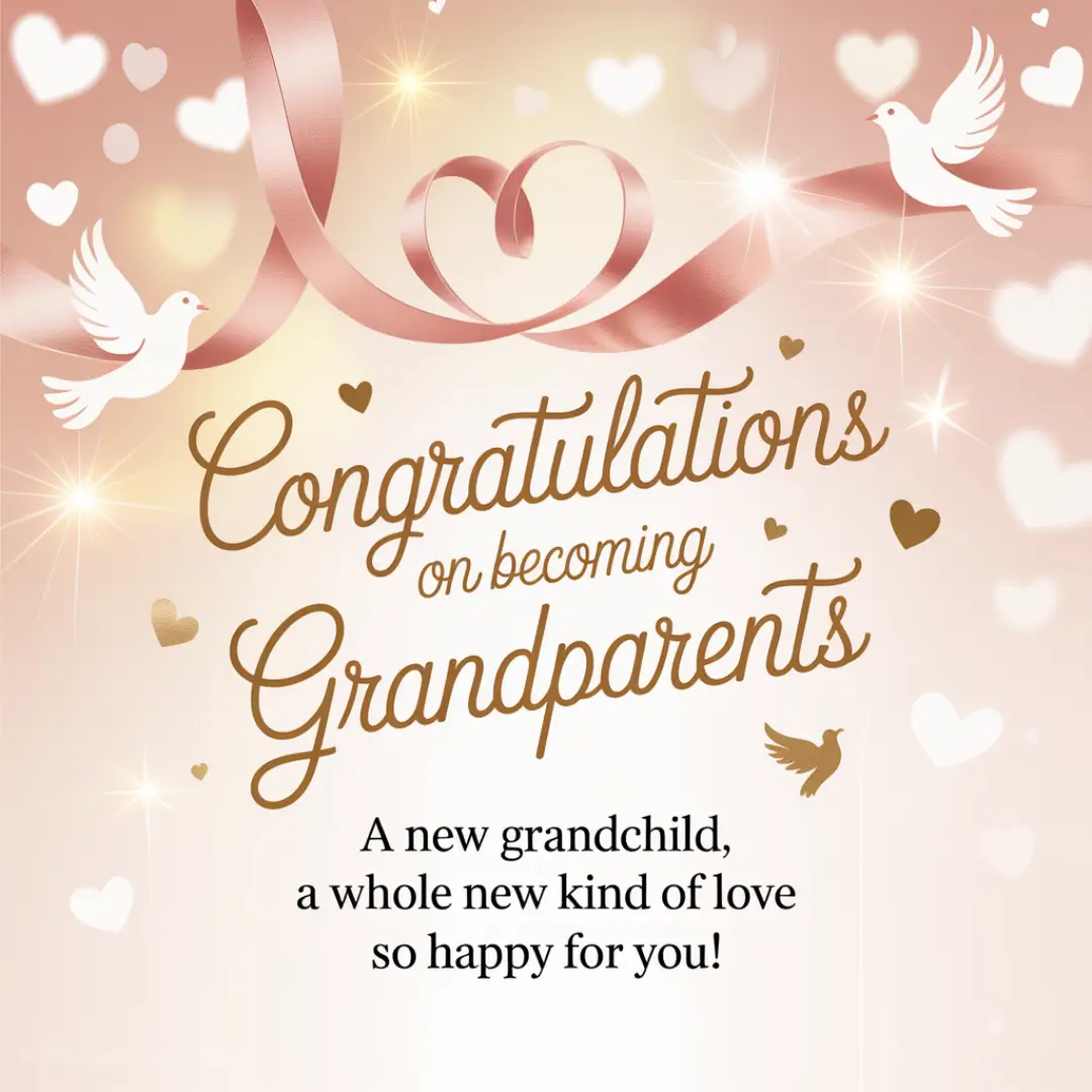 Pink ribbon and white doves on a soft background with sparkling stars and hearts. Text reads: "Congratulations on becoming Grandparents." Joyful tone.
