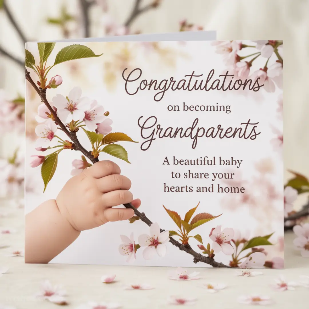 A greeting card with "Congratulations on becoming Grandparents" text. A baby's hand holds a cherry blossom branch, symbolizing new beginnings and joy.
