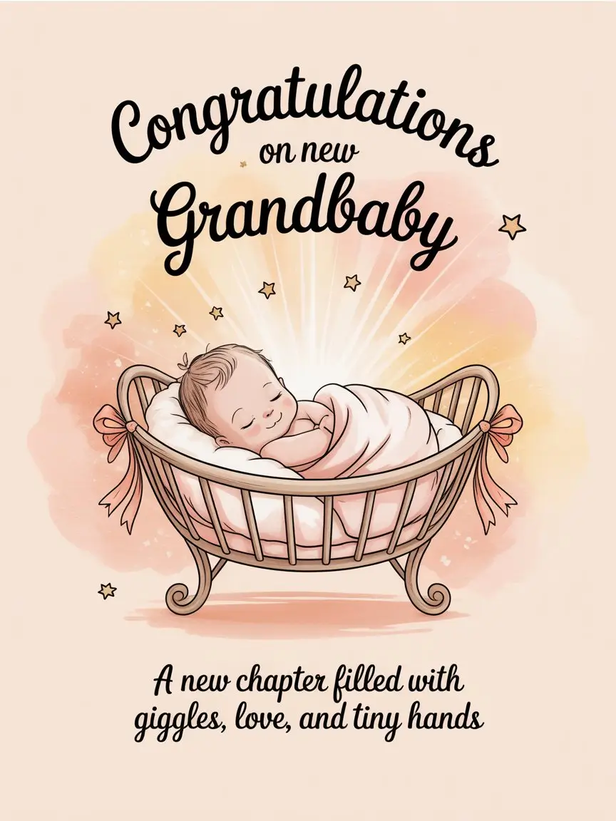 Congratulations card for a new grandbaby features a smiling baby sleeping in a wooden cradle. Stars and warm colors create a joyful, loving tone.