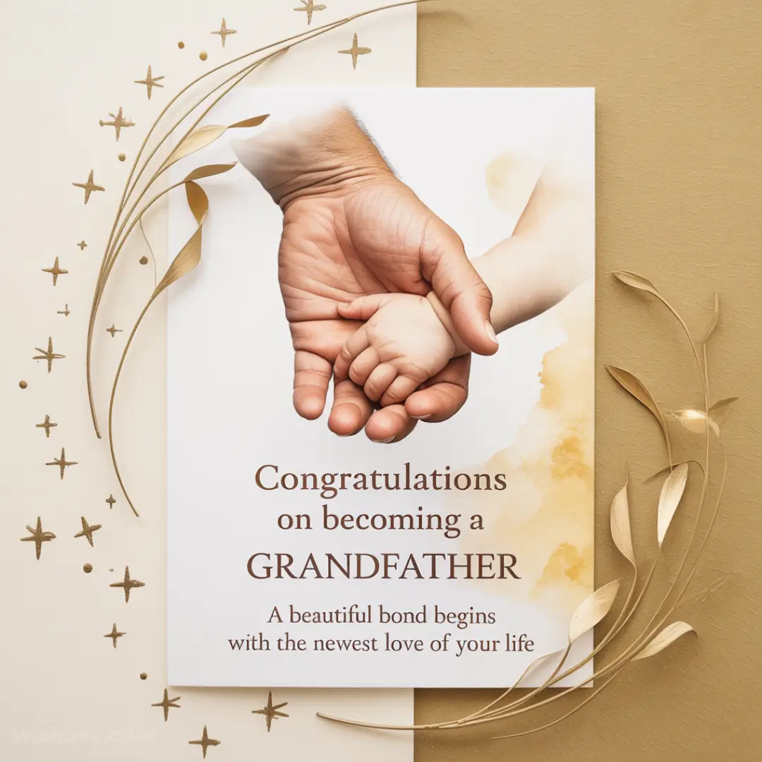 Card with a baby's hand in an adult's, surrounded by gold leaves and stars, reads "Congratulations on becoming a grandfather." Warm and heartfelt theme.