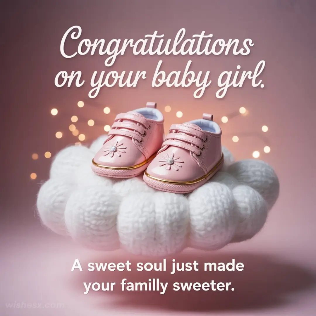 Pink baby shoes rest on a fluffy white cushion against a pink background with glowing lights. Text reads, "Congratulations on your baby girl." A sweet sentiment below.