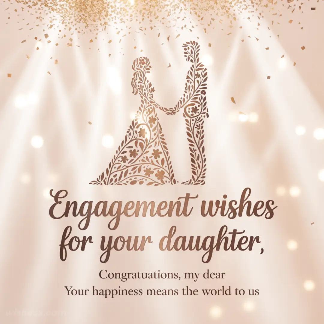 Elegant card with floral silhouettes of a couple under gold confetti. Text: "Engagement wishes for your daughter, Congratulations, my dear. Your happiness means the world to us."