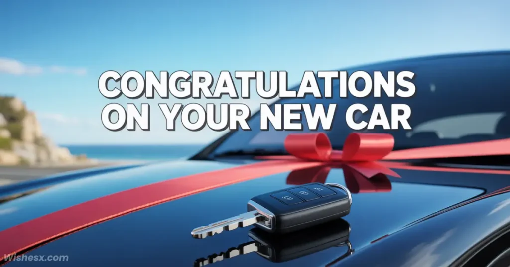 Close-up of a car key on a glossy black car hood with a red bow, under sunny skies. Text reads: "Congratulations on Your New Car." Celebratory theme.