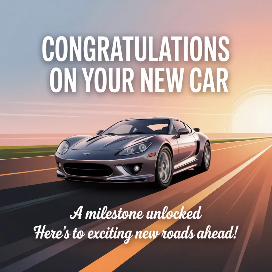 A sleek silver sports car speeding down a road at sunrise. Bold text reads, "Congratulations on Your New Car," conveying excitement and achievement.