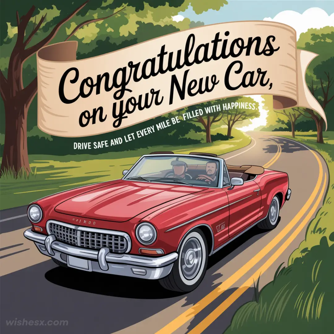 Red vintage convertible in a scenic countryside with hills and fields in the background. Text reads "Congratulations on your new car. Dreams drive best when they ride on four wheels." Vibrant and celebratory mood.