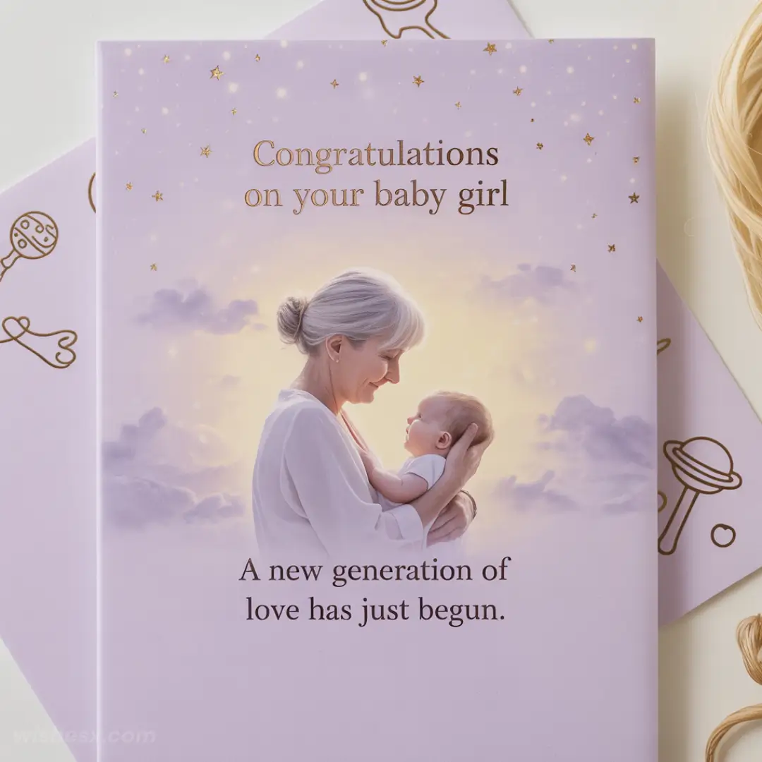 A grandmother tenderly holds a baby against a sky backdrop on a pastel card. The text reads, "Congratulations on your baby girl. A new generation of love has just begun." The scene evokes warmth and joy.