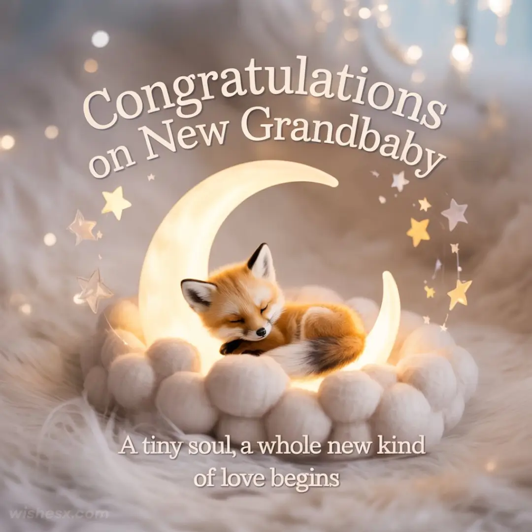Cute fox cub sleeps on a glowing crescent moon surrounded by stars. Text says, "Congratulations on new grandbaby. A tiny soul, a whole new kind of love begins." Cozy and magical atmosphere.