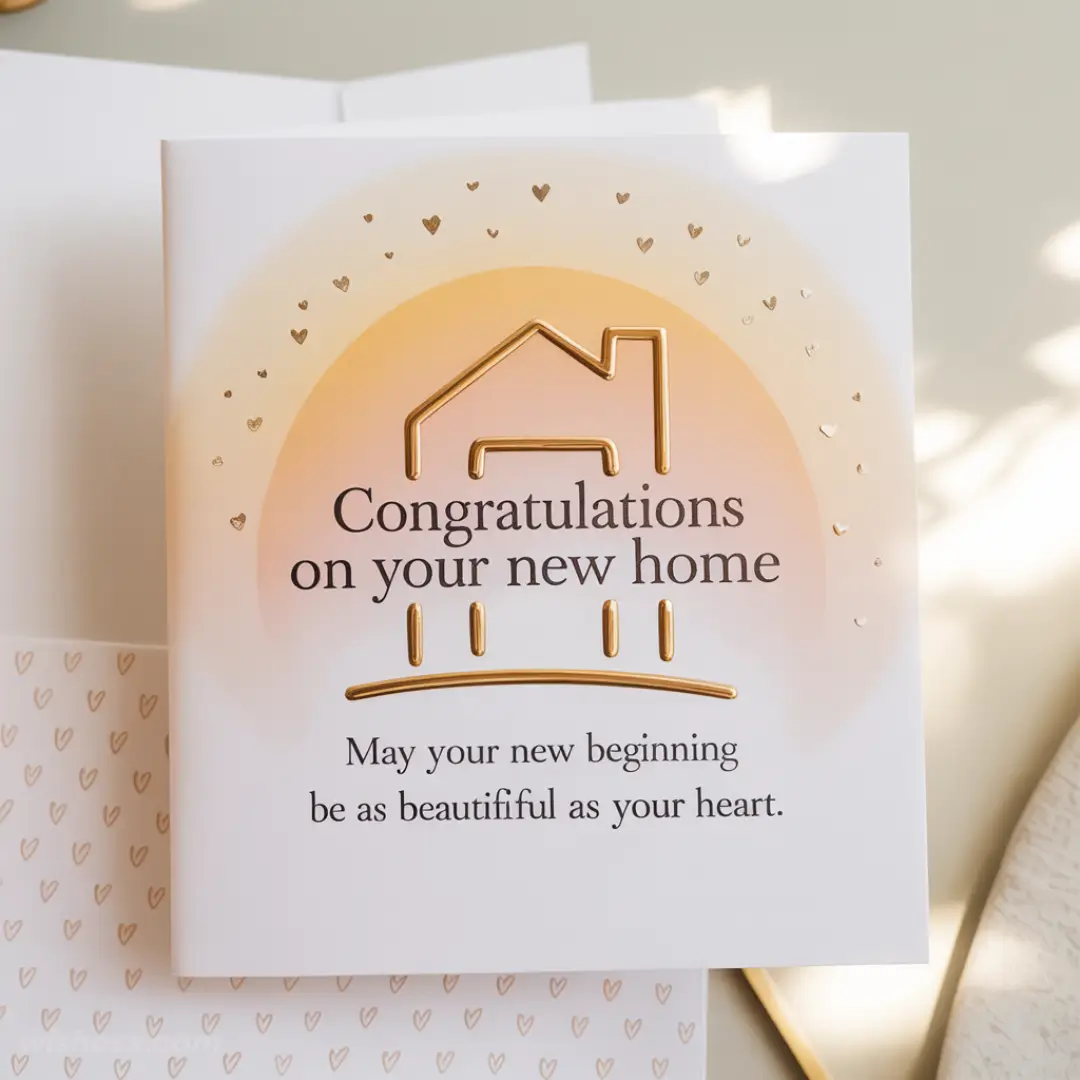 Greeting card with a gold house outline on a soft orange gradient background. Text says, "Congratulations on your new home." Small hearts add a warm touch.