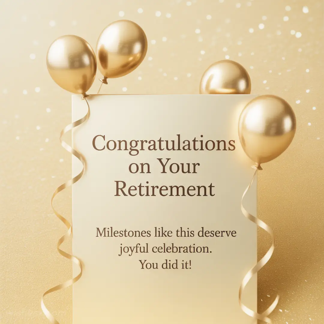 Golden balloons and ribbons surround a congratulatory retirement message on a glittery background, conveying a festive and joyous tone.