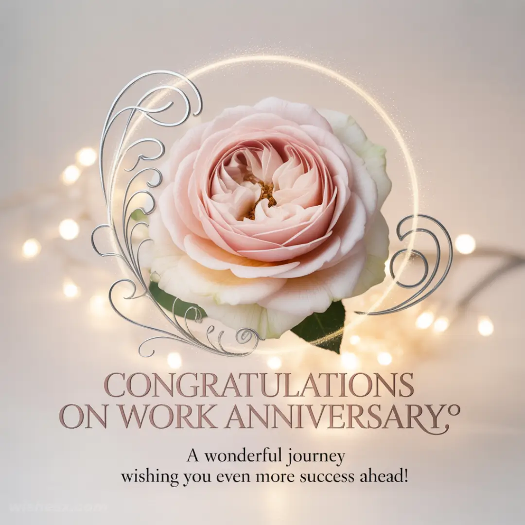 A pink rose with ornate swirls and glowing lights. Text reads "Congratulations on Work Anniversary. A wonderful journey, wishing you even more success ahead!"