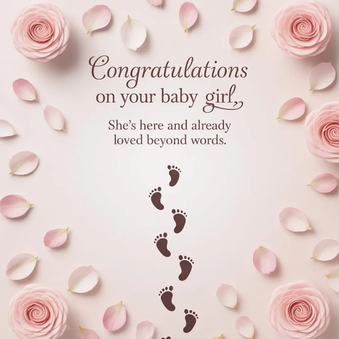 Pink roses and petals frame a message, "Congratulations on your baby girl. She’s here and already loved beyond words," beside baby footprints.