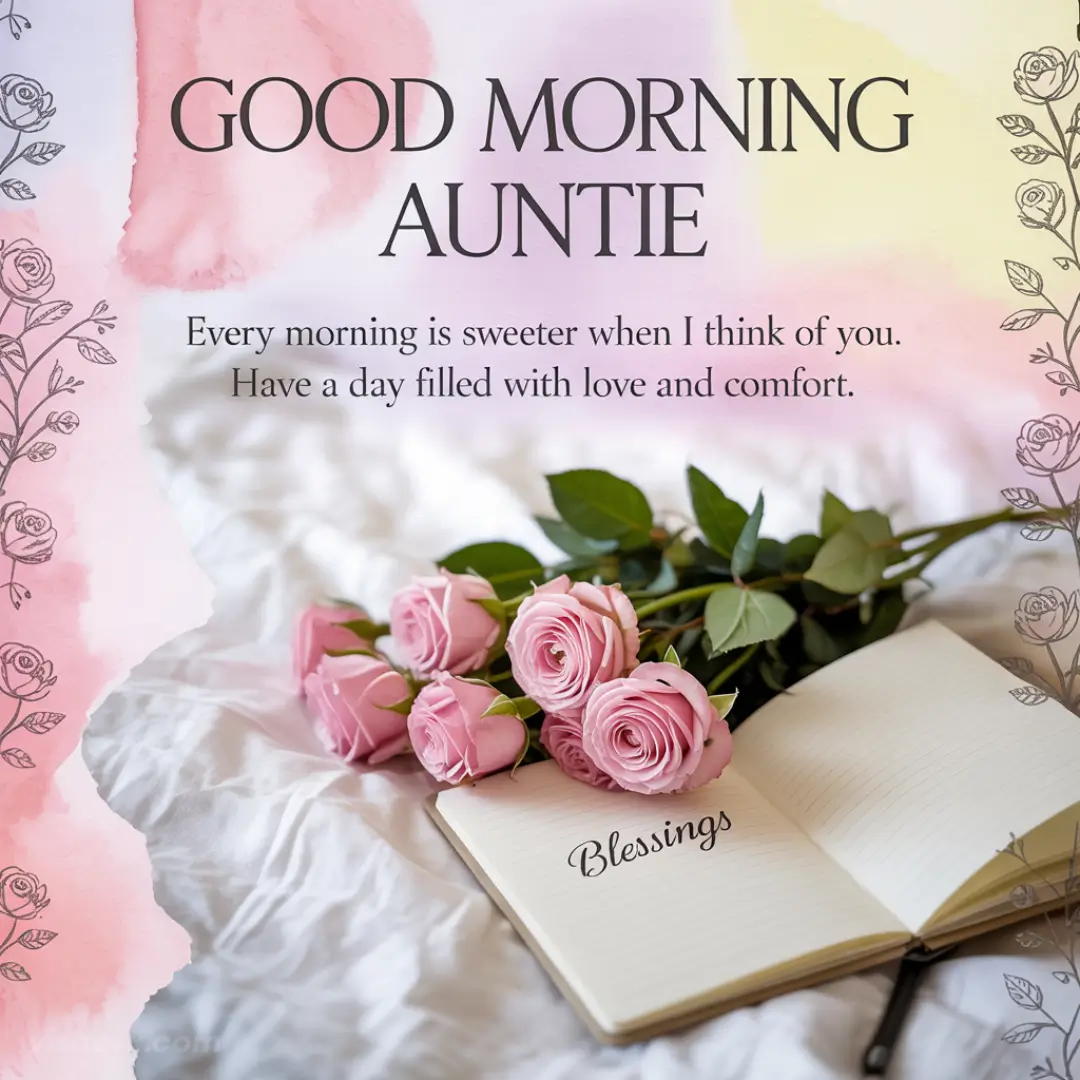 Pink roses on an open notebook with "Blessings" written inside. Background features floral patterns and the text, "Good Morning Auntie" on pastel shades.