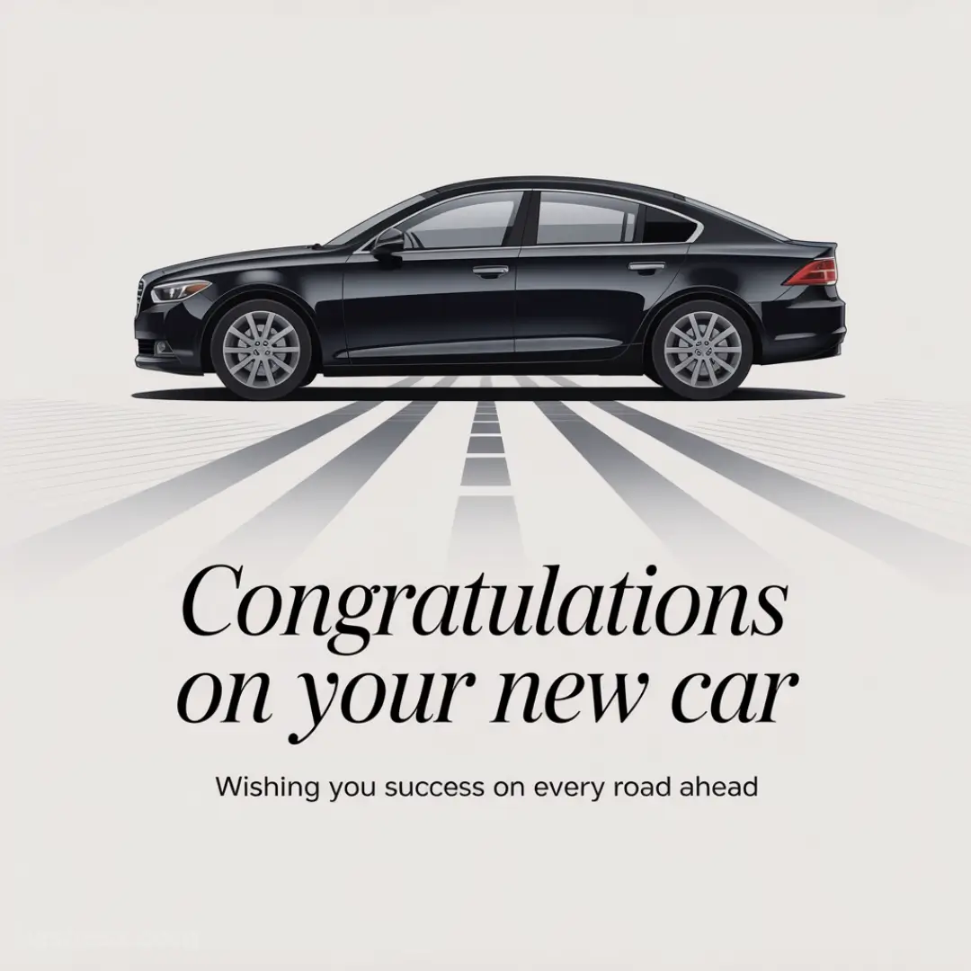 A sleek black sedan on a stylized road. Text reads: "Congratulations on your new car. Wishing you success on every road ahead." Elegant and optimistic tone.