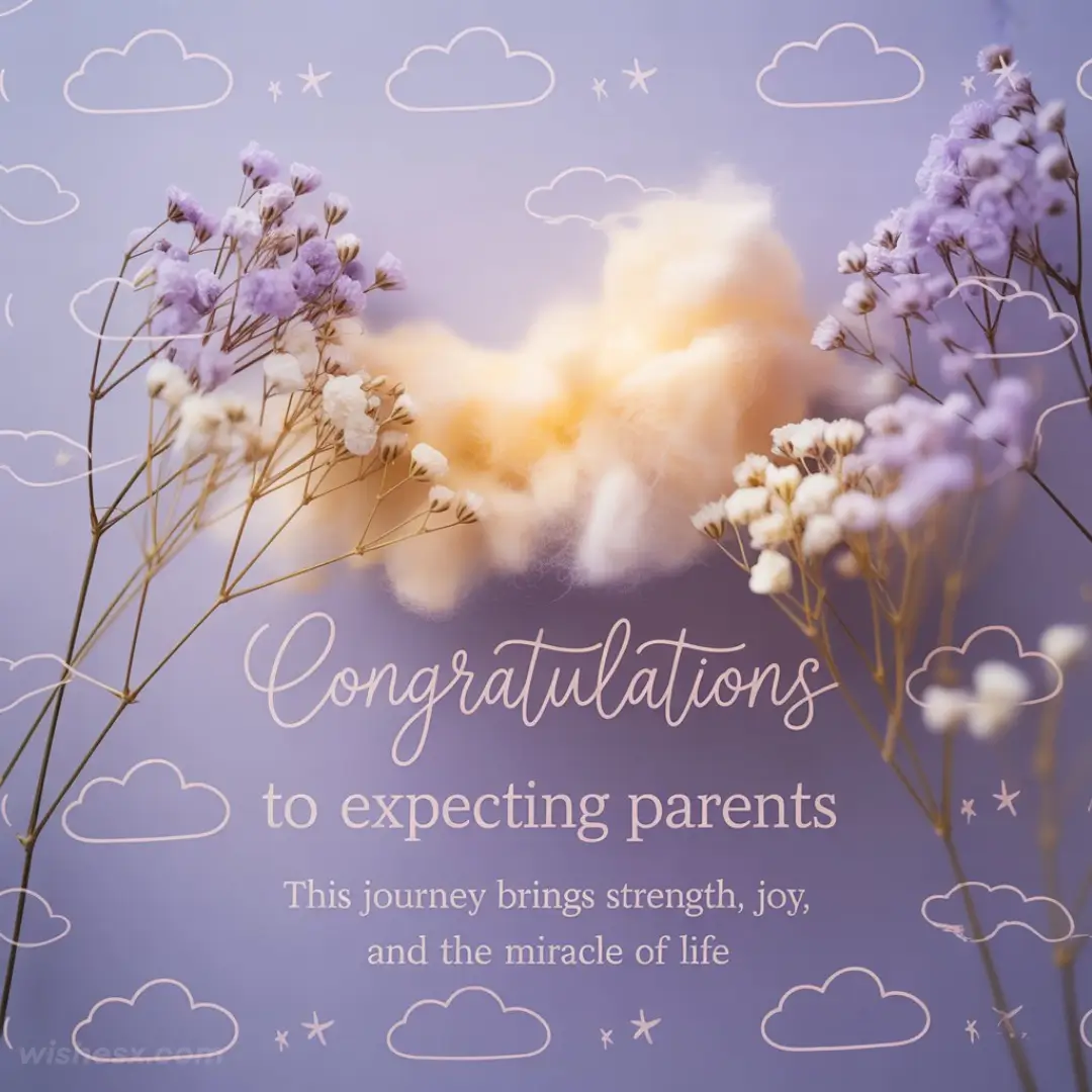 Delicate purple and white flowers frame "Congratulations to expecting parents" on a soft purple background with fluffy clouds, conveying joy and warmth.