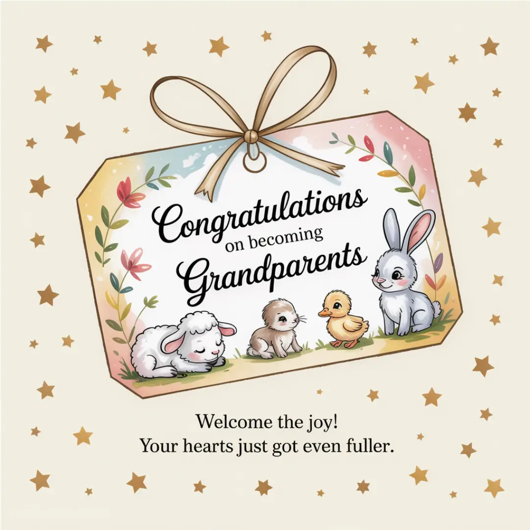 Congratulations card for new grandparents with a ribbon-tied tag showing cute animals: a lamb, kitten, duckling, and bunny amidst colorful foliage and stars.