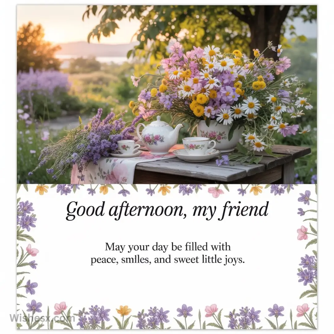 A rustic table in a garden holds a floral teapot and cups, surrounded by fresh flowers. The text reads "Good afternoon, my friend. May your day be filled with peace, smiles, and sweet little joys." The scene conveys warmth and tranquility.