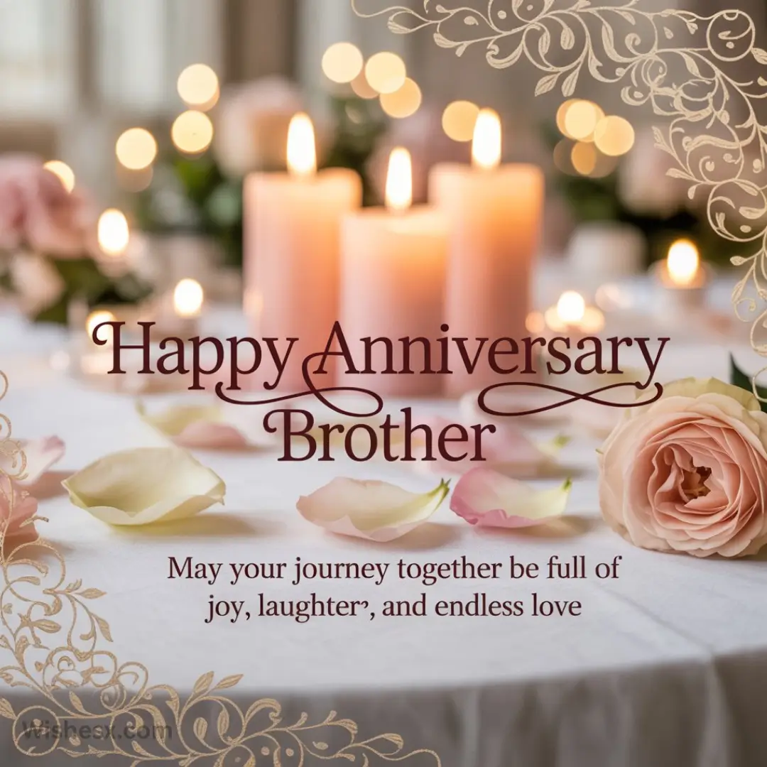 Romantic anniversary card featuring glowing candles, soft-focus lights, and pink roses on a table. Text reads: “Happy Anniversary Brother.”