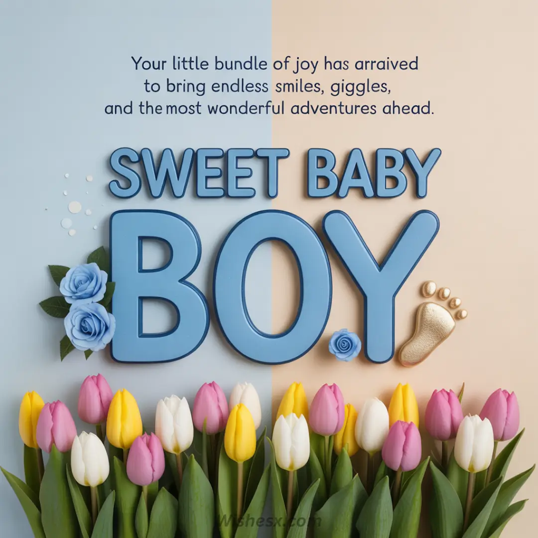 Text reading "Sweet Baby Boy" with blue roses and a gold baby foot. Background is half blue, half peach. Below are pink, yellow, and white tulips.