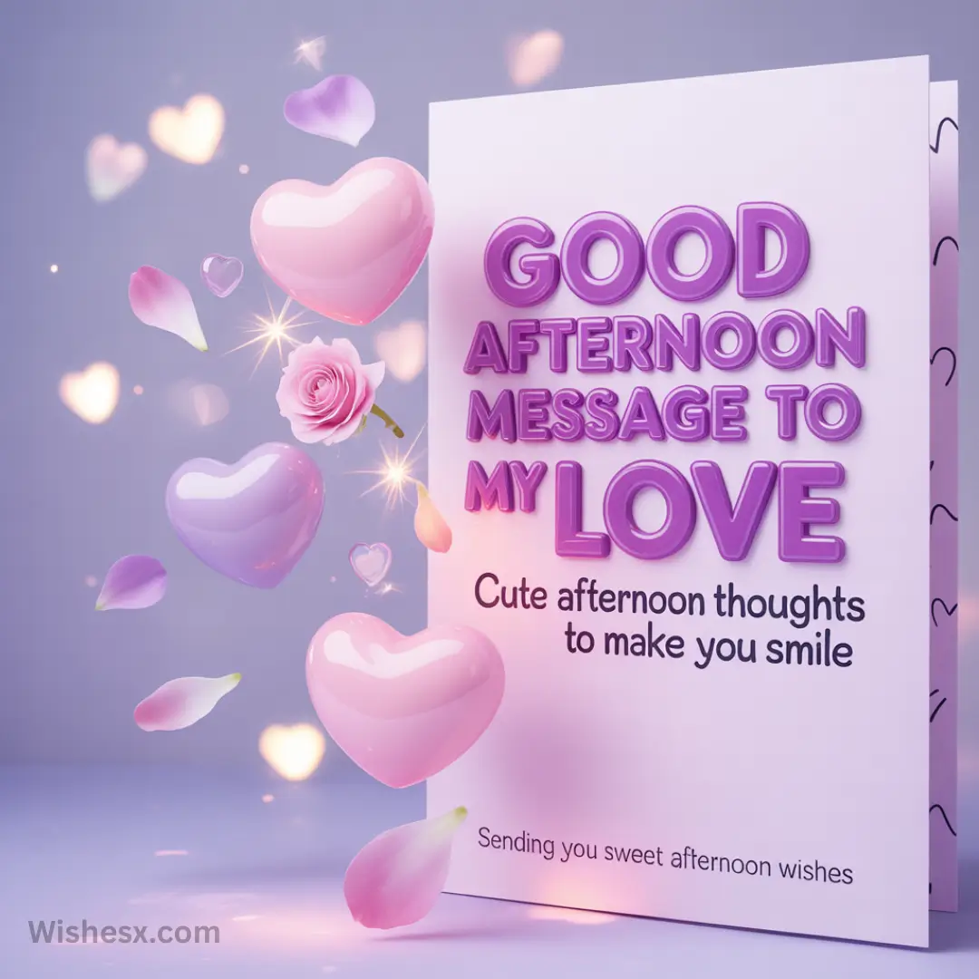 Greeting card with "Good Afternoon Message to My Love" in purple text. Adorned with pink hearts, rose, petals, and glowing lights for a romantic feel.
