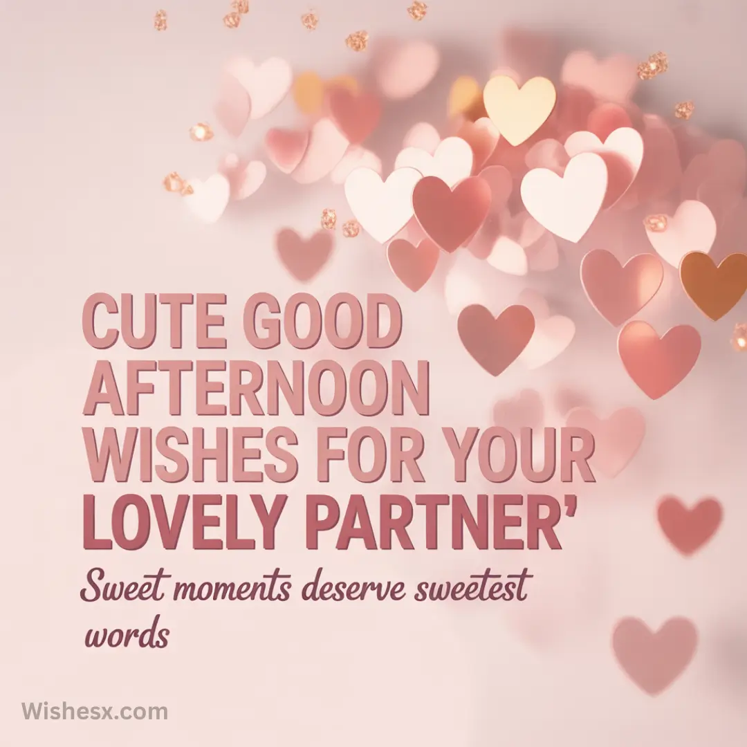 Soft pink and peach hearts float against a light background. The text reads, "Cute good afternoon wishes for your lovely partner. Sweet moments deserve sweetest words."