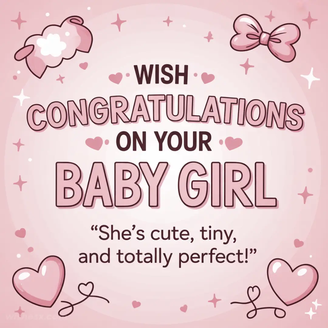 Pink and white congratulatory card with hearts and bows. Text: "Wish congratulations on your baby girl. She's cute, tiny, and totally perfect!" Playful tone.