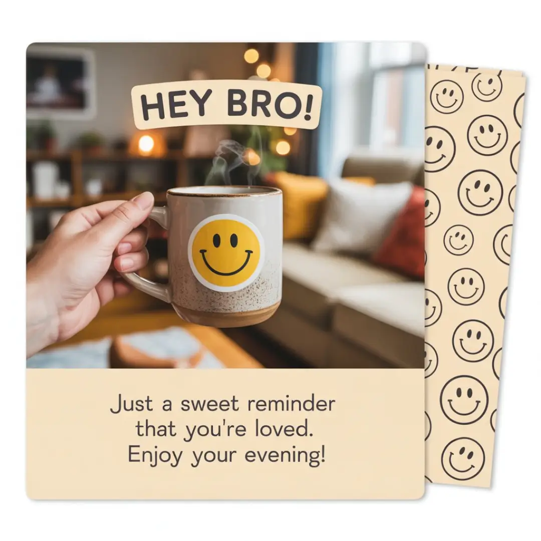 A hand holds a steaming mug with a smiley face in a cozy living room. Text reads: "Hey Bro! Just a sweet reminder that you're loved. Enjoy your evening!" Cozy ambiance.