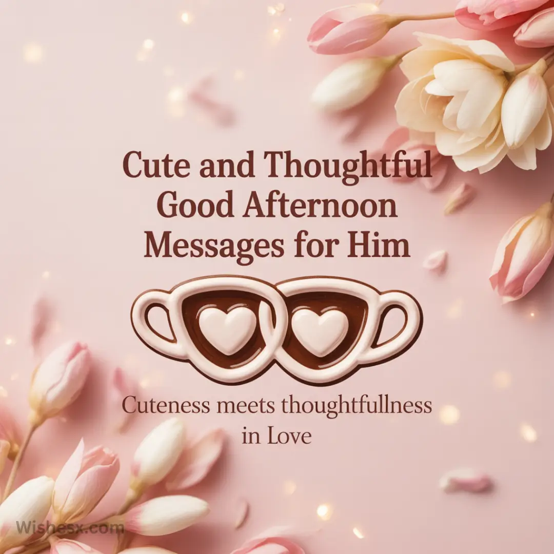 Pink background with tulips and two linked coffee cups with hearts. Text reads, "Cute and Thoughtful Good Afternoon Messages for Him. Cuteness meets thoughtfulness in Love." Mood is romantic.