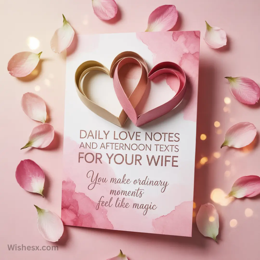 Romantic card with two intertwined paper hearts on a pink background. Surrounded by rose petals, text reads "Daily love notes for your wife."