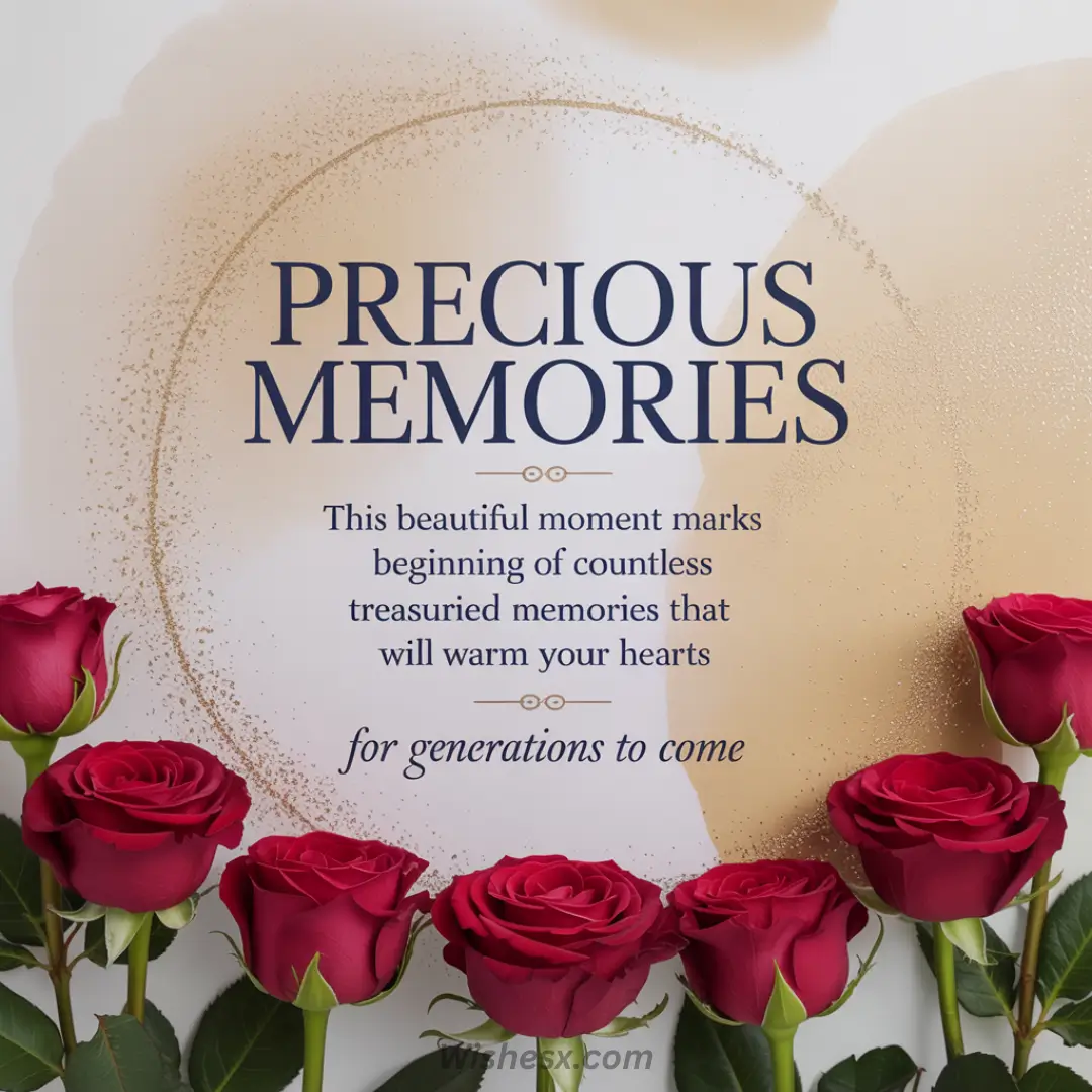 A heartfelt message reading "Precious Memories" is framed by a golden circle, with vibrant red roses at the bottom, conveying love and warmth.