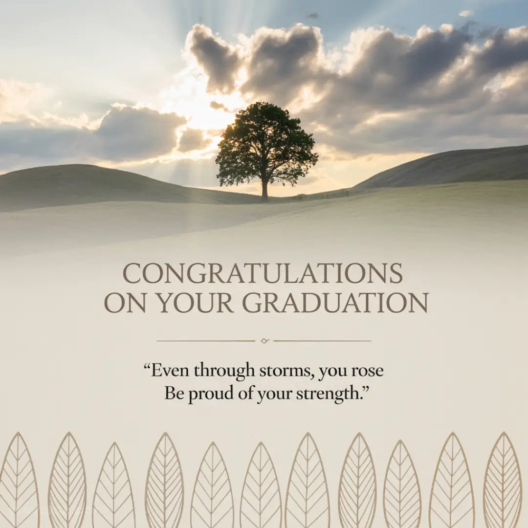 A solitary tree stands on a hill under dramatic clouds with sun rays, above text: "Congratulations on your graduation. Even through storms, you rose. Be proud of your strength."