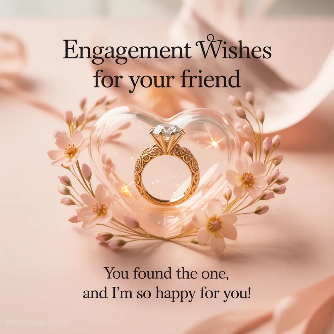 Heart-shaped glass holding an ornate diamond ring, surrounded by pink flowers on a soft background. Text reads, "Engagement wishes for your friend."