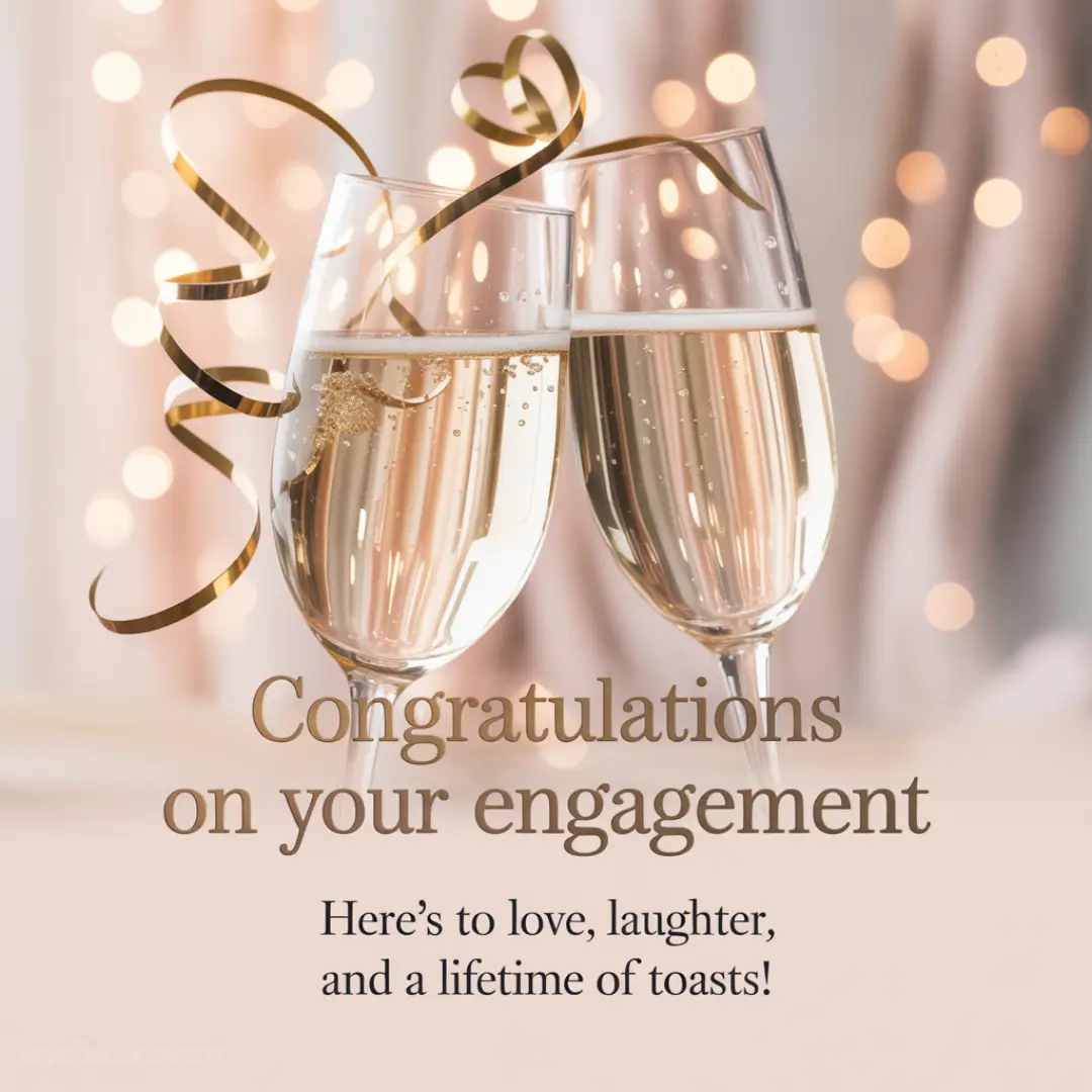 Two champagne flutes with gold ribbons against blurred bokeh lights. Text reads, "Congratulations on your engagement. Here’s to love, laughter, and a lifetime of toasts!"