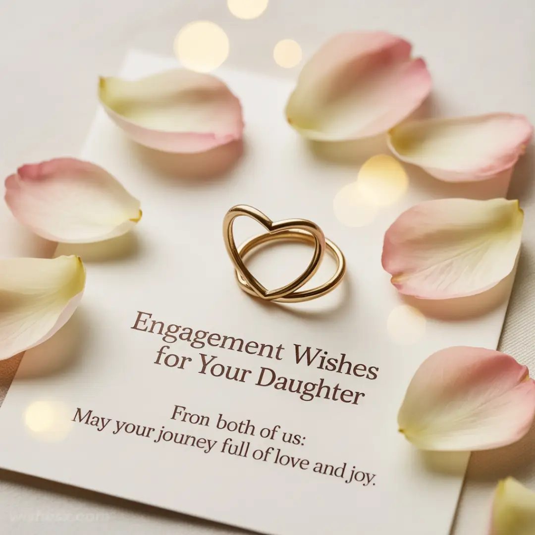Heart-shaped rings on a note with "Engagement Wishes for Your Daughter," surrounded by pink petals, conveying love and happiness.