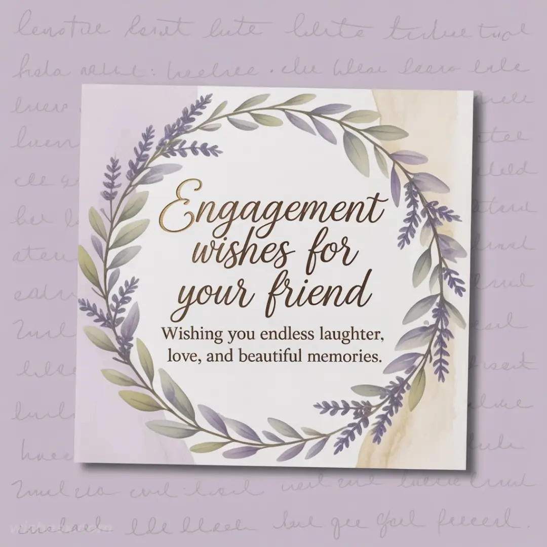 A soft lavender and cream card features purple and green foliage forming a wreath. The text reads "Engagement wishes for your friend" with a heartfelt message.