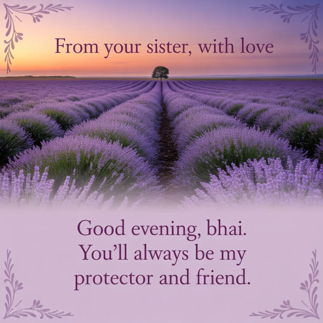 A serene lavender field at sunset with a lone tree on the horizon. The text reads: "From your sister, with love. Good evening, bhai. You’ll always be my protector and friend." The image conveys warmth and affection.
