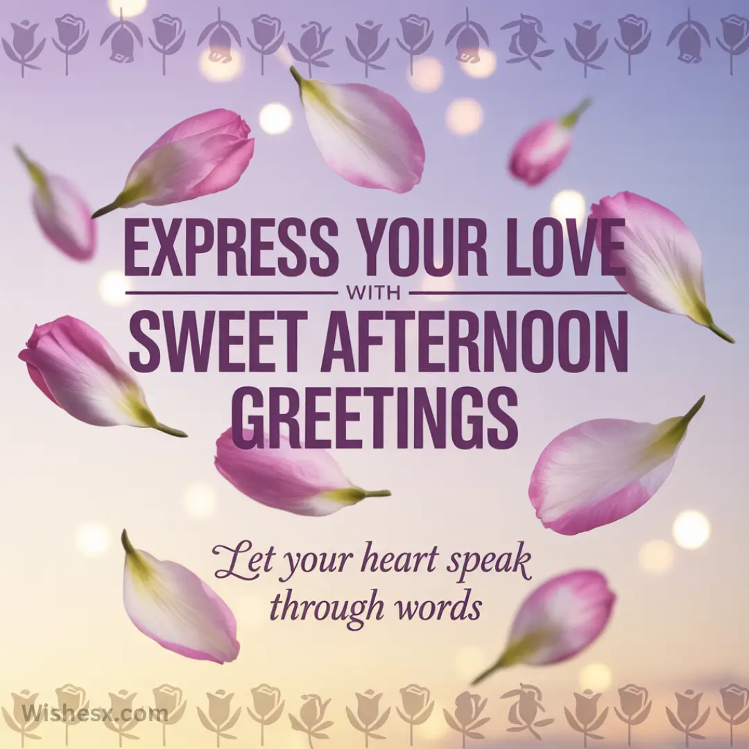 Pink flower petals float against a soft purple background with glowing circles. Text reads, "Express your love with sweet afternoon greetings. Let your heart speak through words." Mood is warm and romantic.