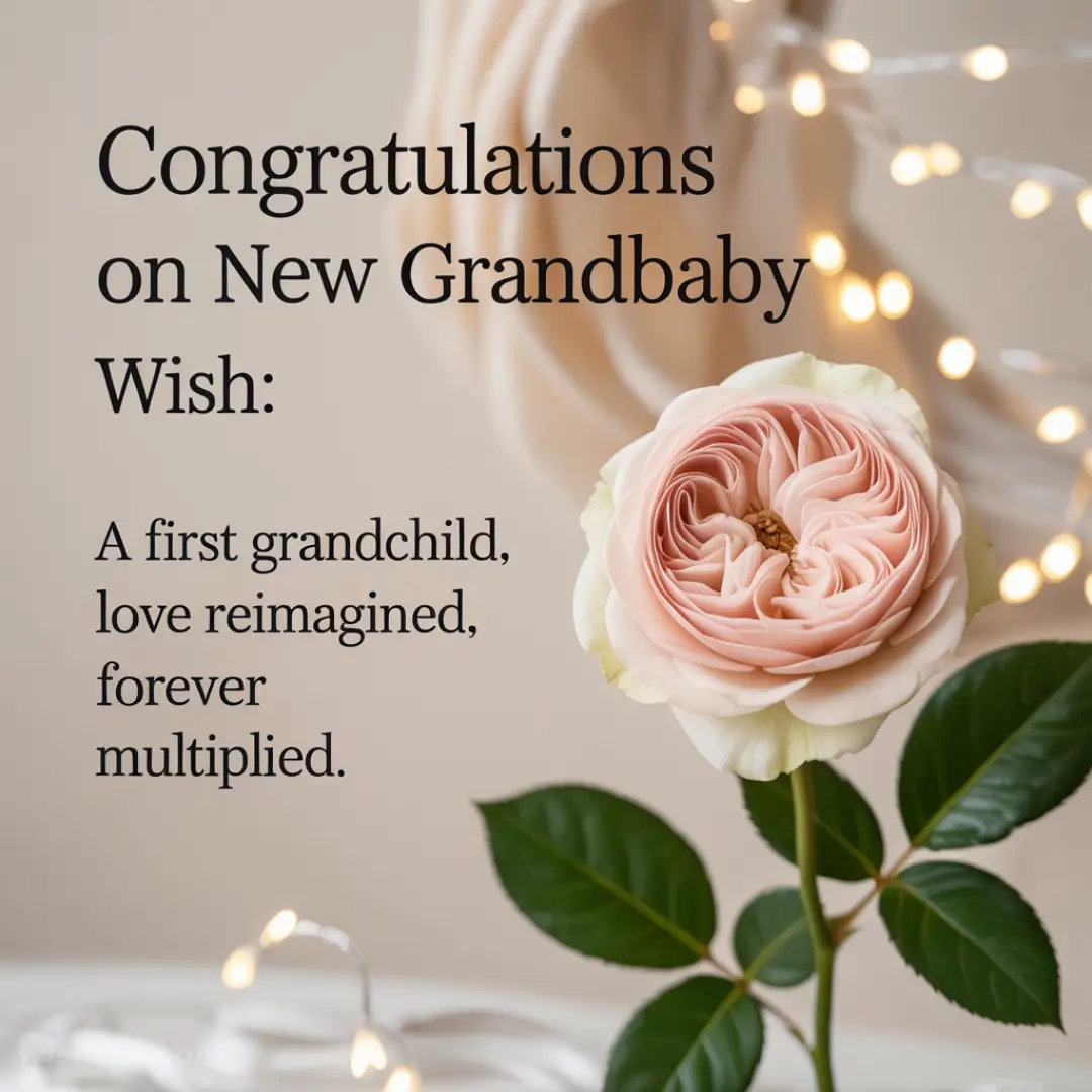 Elegant congratulatory card for a new grandbaby, featuring a soft pink rose and warm fairy lights. Text: "Congratulations on New Grandbaby. A first grandchild, love reimagined, forever multiplied."