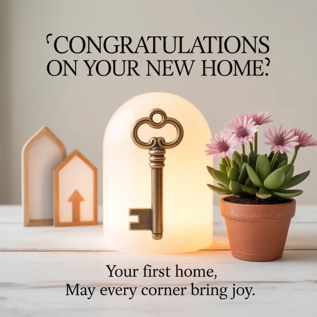 Decorative key lamp and potted plant on table with message: "Congratulations on your new home. May every corner bring joy." Warm and inviting tone.