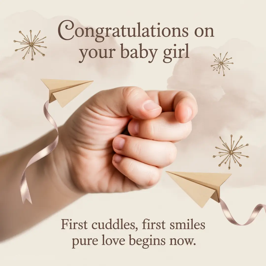 A baby's hand clenched in a fist is surrounded by paper airplanes and soft clouds. Text reads, "Congratulations on your baby girl. First cuddles, first smiles, pure love begins now." The tone is warm and joyful.