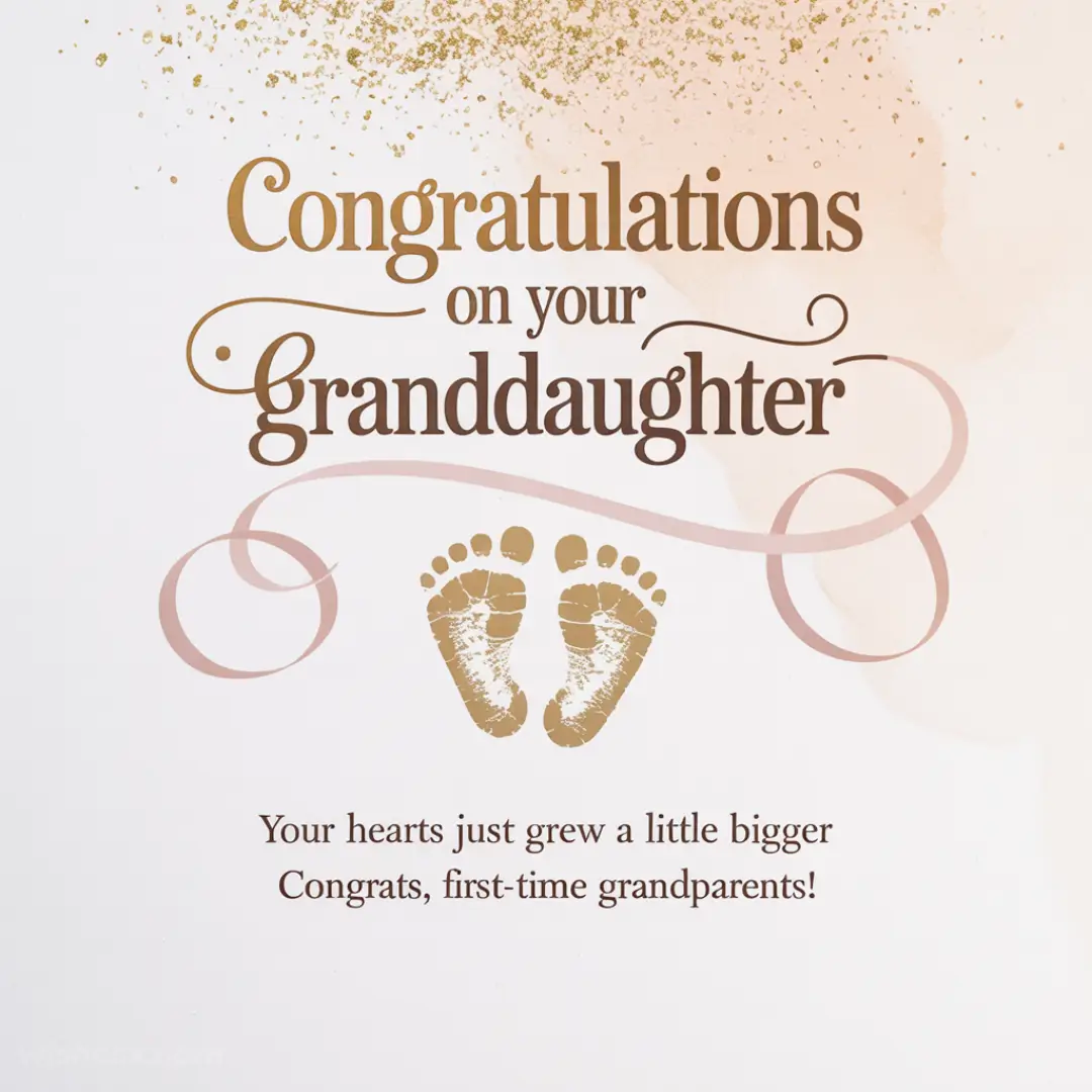Congratulations card with gold and pink text stating "Congratulations on your granddaughter" above tiny gold baby footprints. Delicate, celebratory tone.