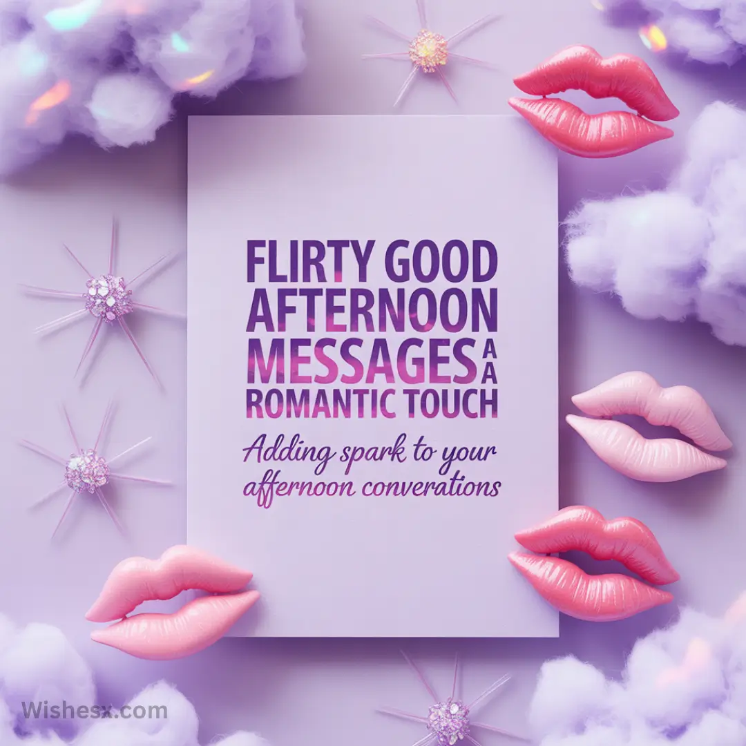 Purple card with "Flirty good afternoon messages" text, surrounded by pink lips and fluffy clouds. Playful, romantic vibe with sparkly stars.
