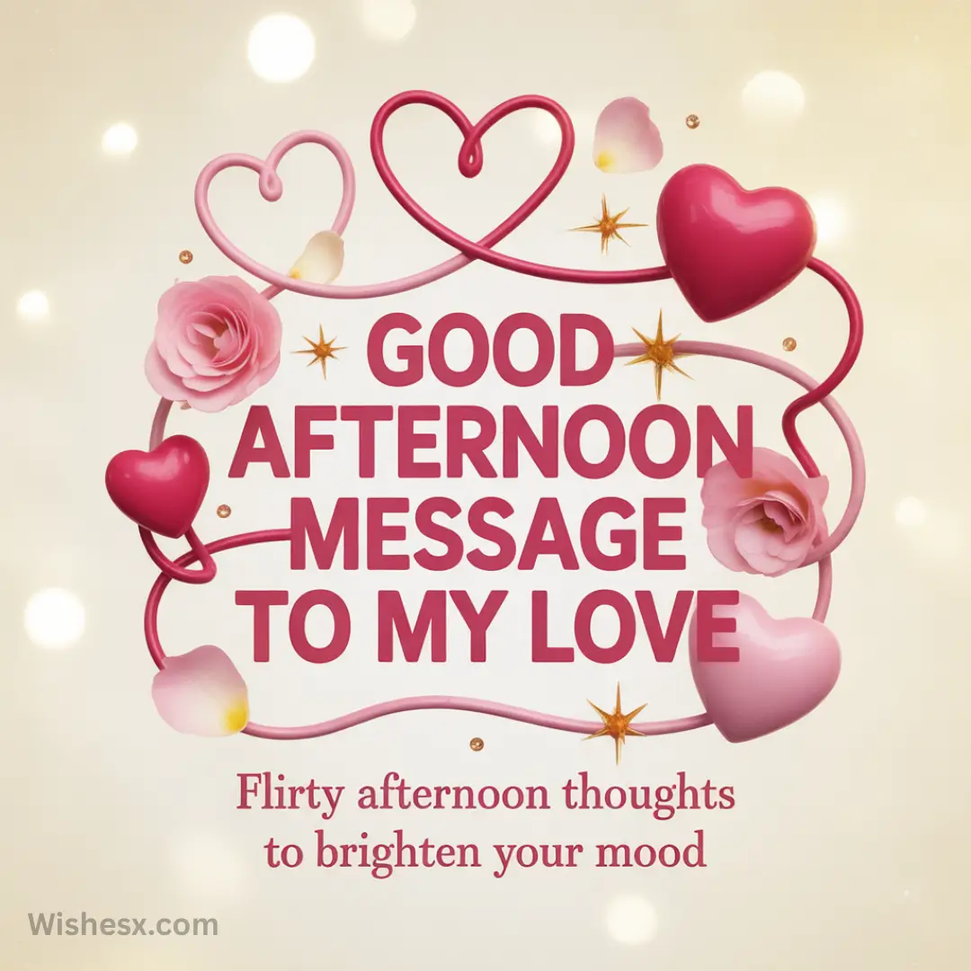 Romantic message with pink roses, heart-shaped designs, and glowing stars says, "Good Afternoon Message to My Love," set against a soft bokeh background.
